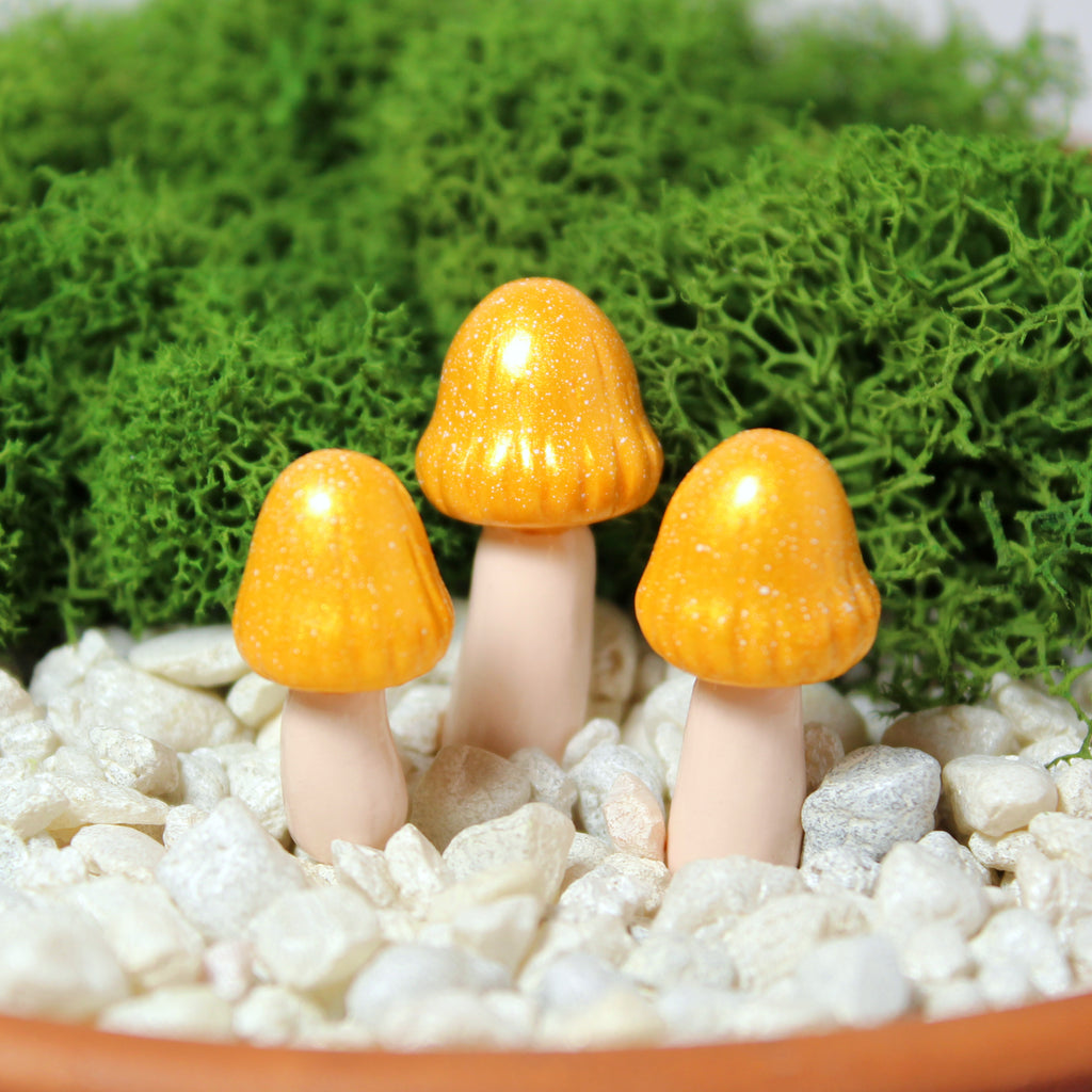 A set of three sparkly orange fairy mushrooms in a moss garden with white gravel